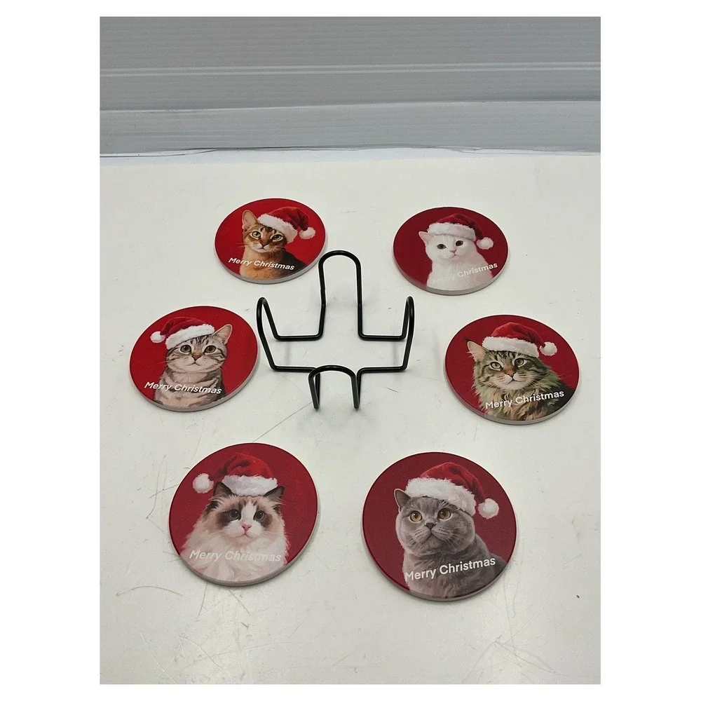 Unbranded Christmas‎ Cat Coaster Set of 6 with Holder Ceramic Cork Backed New